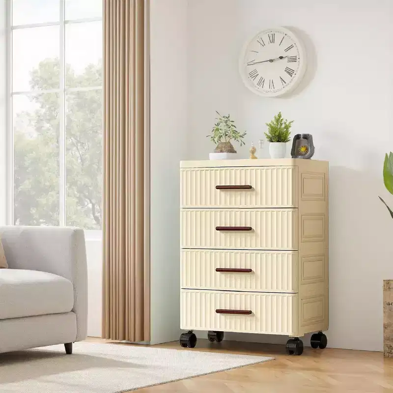 Plastic Drawer Storage On Wheels, Storage Chest of Drawers Tall Dresser, Pull Out Storage Bins for Bedroom Night Stand Living Room