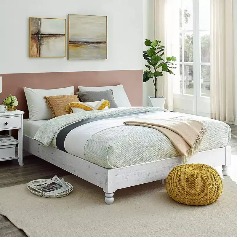 Tall Full Size Rustic Solid Pine Platform Bed Frame, Whitewashed, 12 Slats