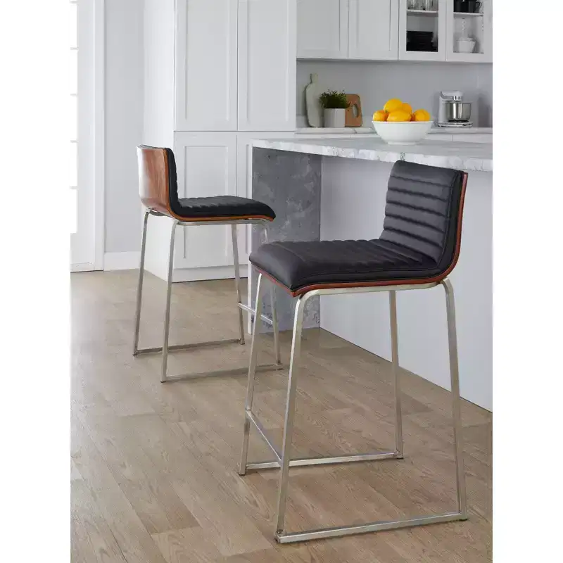 Counter Height Barstools Set of 2 Walnut Wood Back Black Faux Leather Stainless Steel