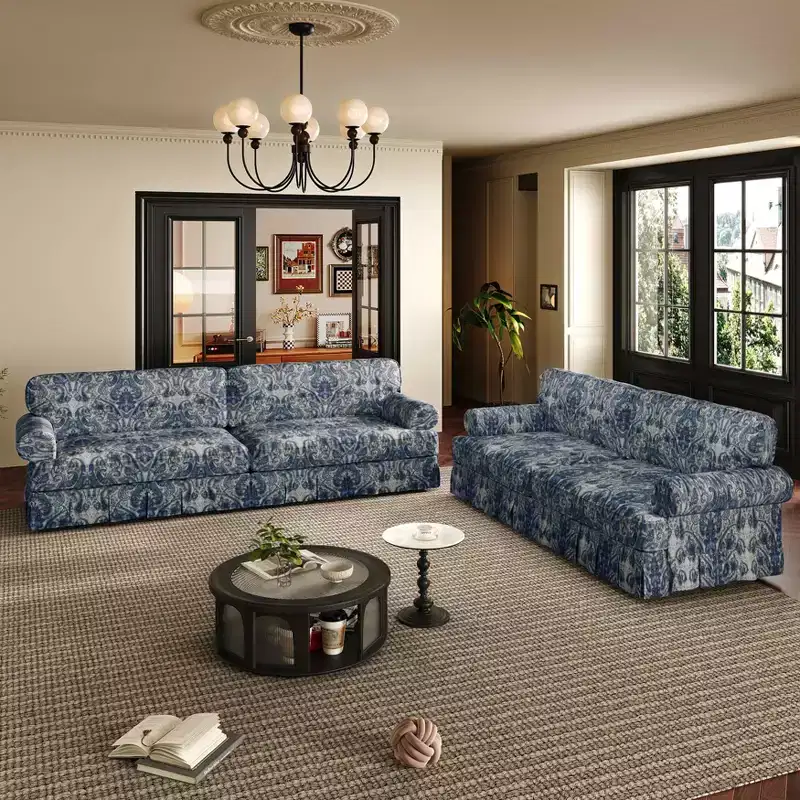 MAYEERTY 74 Luxuriously Comfortable 3 Seater Cloud Couch, Oxford Fabric Sofa with Rolled Arms & Pleated Skirt Design Blue Floral