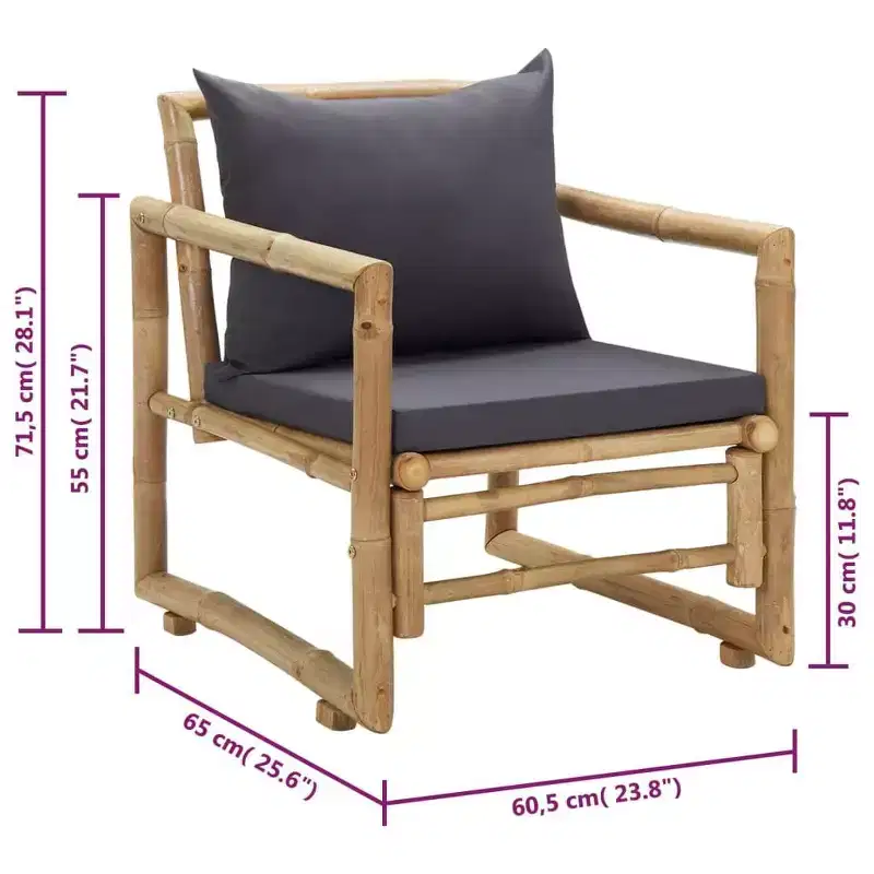 vidaXL Garden Chair Set of 2 Dark grey, Natural Bamboo, Polyester