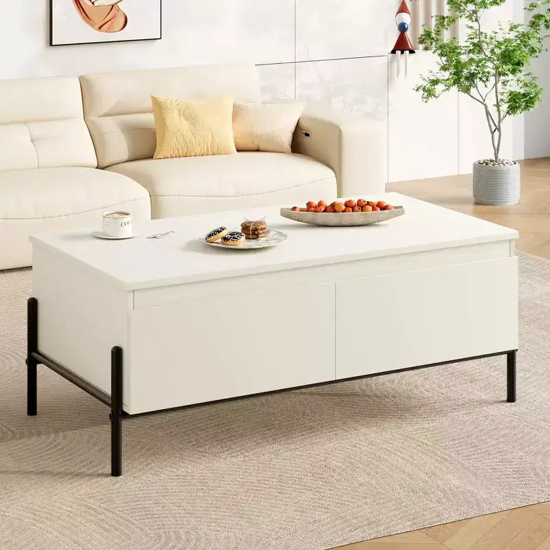 White Coffee Table with 2 Handle-Free Drawers & Open Storage Shelf, 39.3