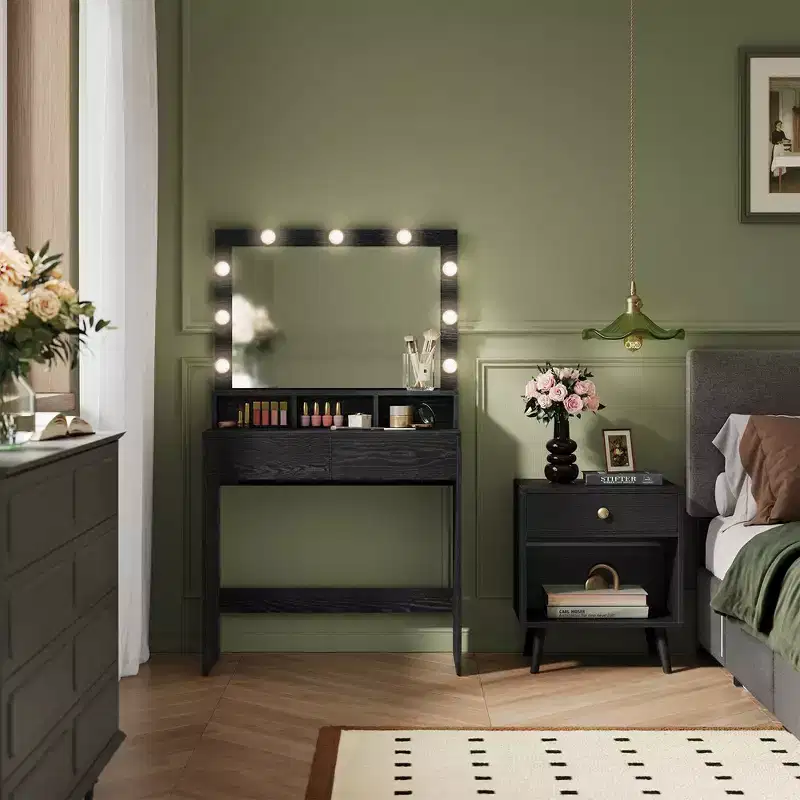 VASAGLE Vanity Desk with Mirror and Lights, Makeup Vanity with Large Mirror, Adjustable Brightness, Vanity Table, Modern Makeup Desk