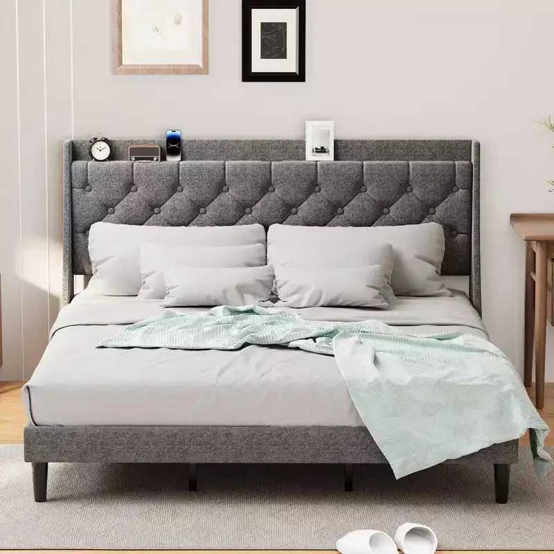 King Upholstered Bed Frame with Wingback Headboard, Linen Upholstery - Deep Button Tufted, Storage Shelf
