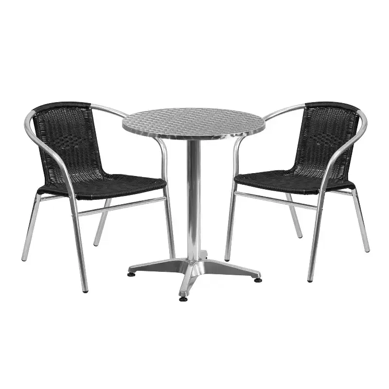 Emma and Oliver 23.5 Round Aluminum Garden Patio Table Set with 2 Rattan Chairs
