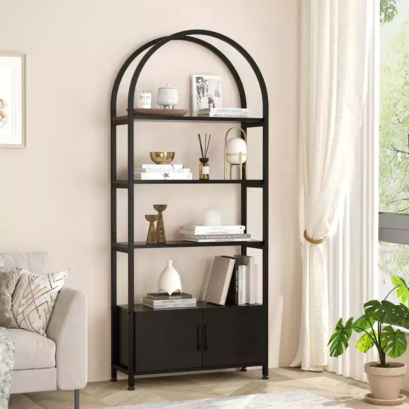 Arched Bookshelf, Bookcase w/Doors Storage, 71 Inches Tall Industrial Book Shelf with Sturdy Metal Frame, Freestanding Display Shelving Unit