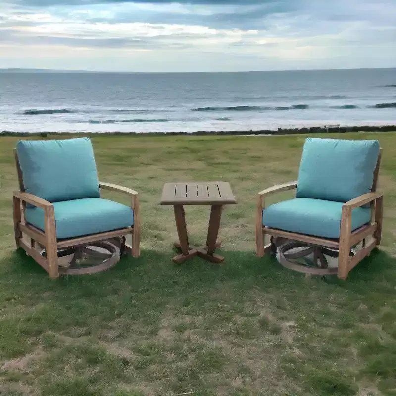 Courtyard Casual Avalon FSC Teak 3 pc Motion Seating Set Includes: Two Swivel Gliders and One Square End Table