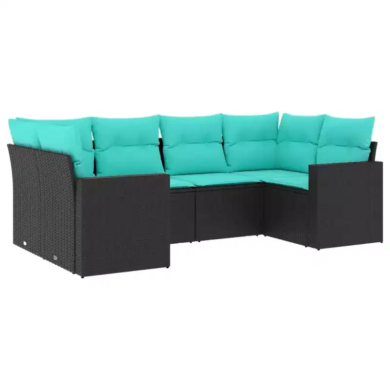 vidaXL 6 Piece Patio Sofa Set with Cushions Black Poly Rattan - Black and Blue