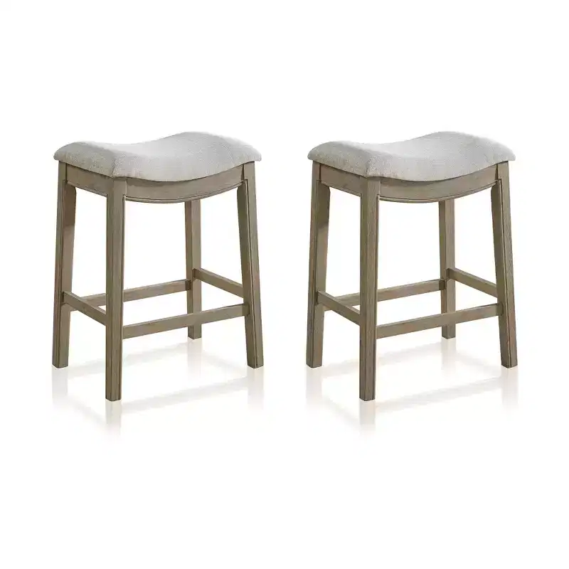 Grey Upholstered Backless Counter Stool, Reclaimed Oak Frame, 2-Pack