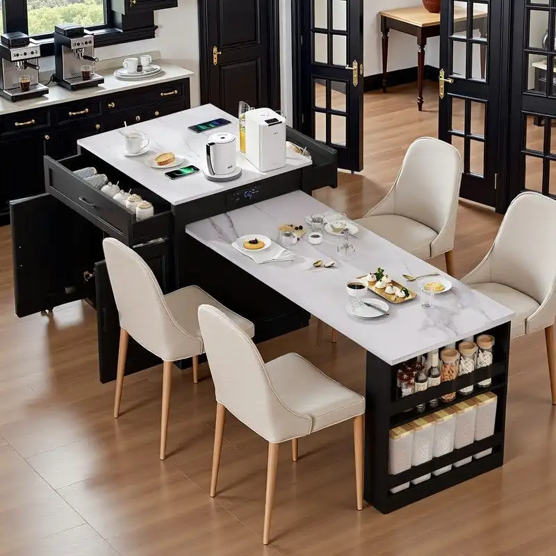 Kitchen Island with Extendable Dining Table – Seats 2-6, USB Charging, Faux Marble Top