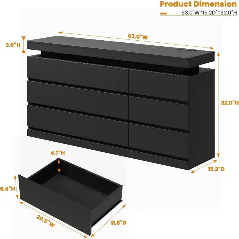 Acekool 9 Drawer Dresser with Ports and Outlets, 63 Inch Wide Chest of Drawers and TV Stand, Bedroom Storage Cabinet