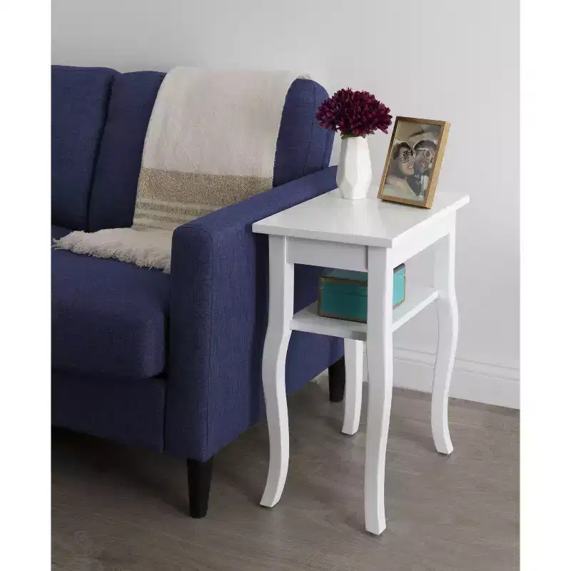 Glam Rectangle Side Table with Cultured Marble Top & Wood Base, 18x12x24, White