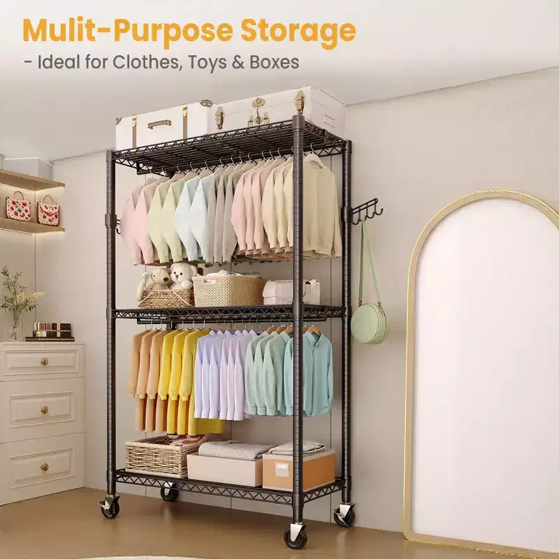 3 Tier Clothes Rack with Wheels, Heavy Duty Garment Rack with 2 Hanging Rod, Freestanding Closet Organizer for Bedroom Living Room