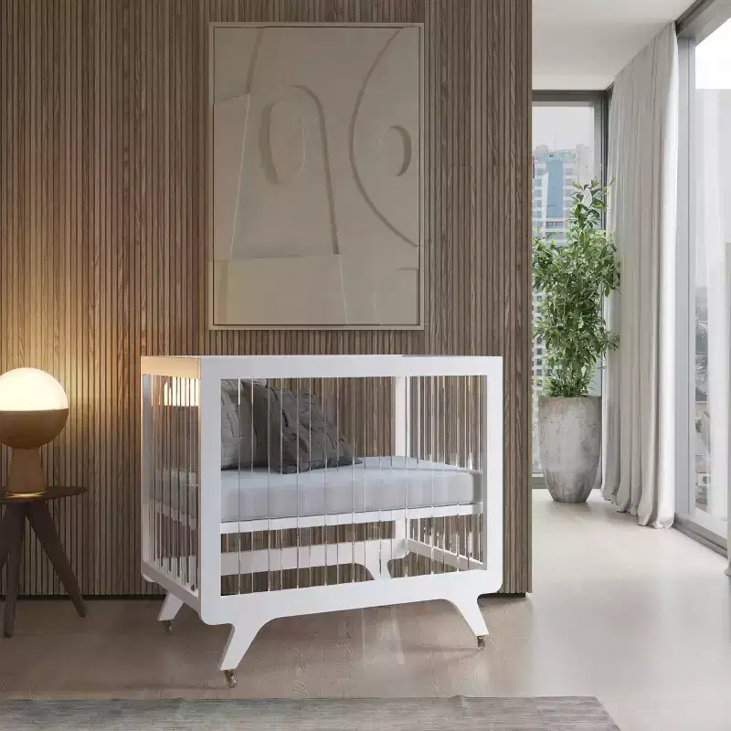 V-Leg Foldable Crib with Acrylic Frame, 3 Height Levels & Rolling Wheels - Pure White