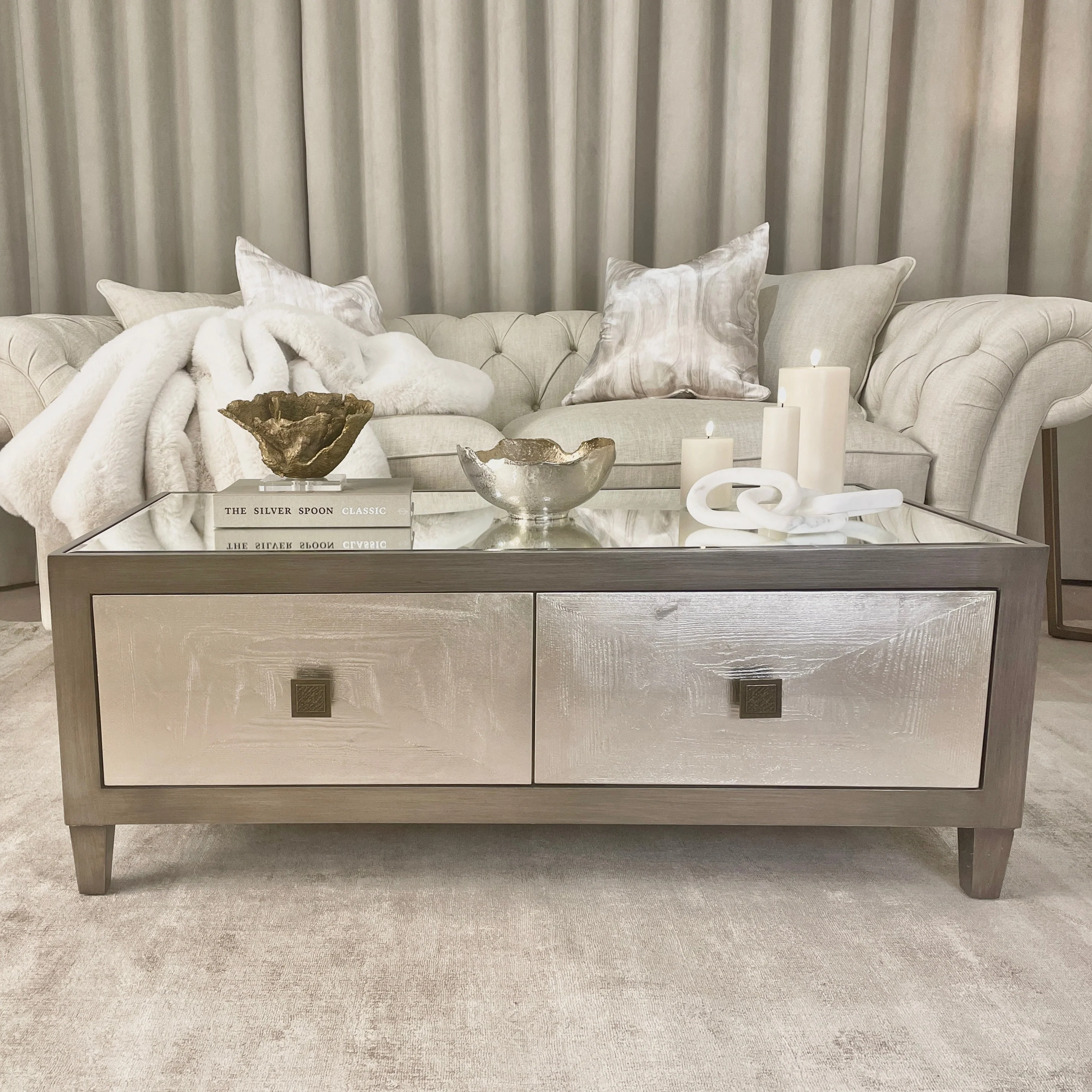 Silver & Bronze Coffee Table with Mirrored Top