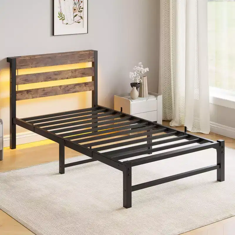 Twin Platform Bed Frame with RGB LED Lights & USB Charging – No Box Spring Needed