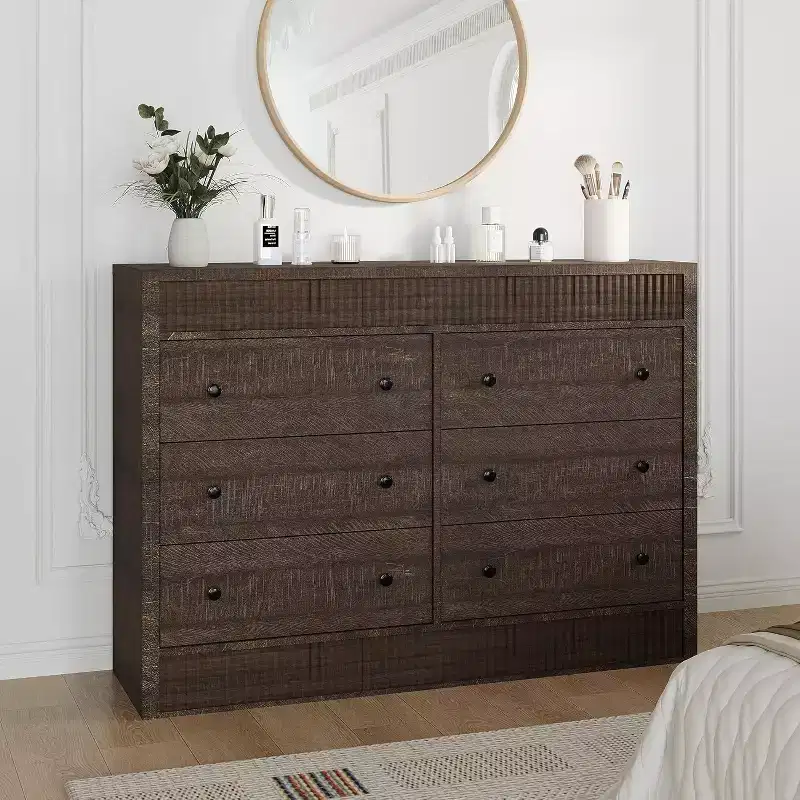 6-Drawer Dresser with Fluted Panel Design, Oak Finish – Bedroom Storage Chest
