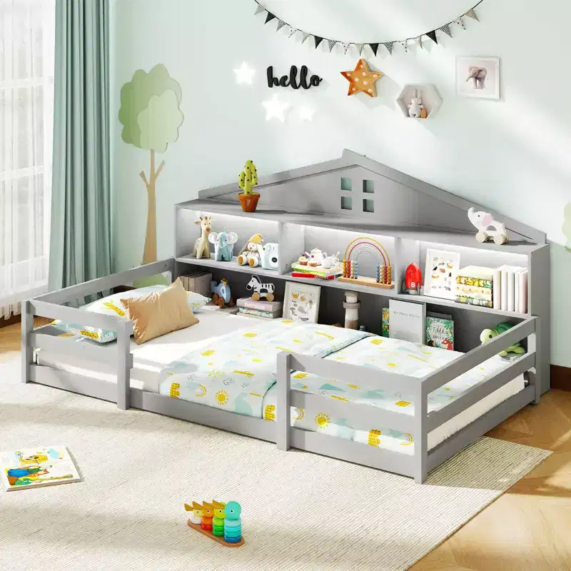 Costway Twin/Full Size Montessori Floor Bed with LED Lights Safety Guardrails Compartments Shelf White/Gray