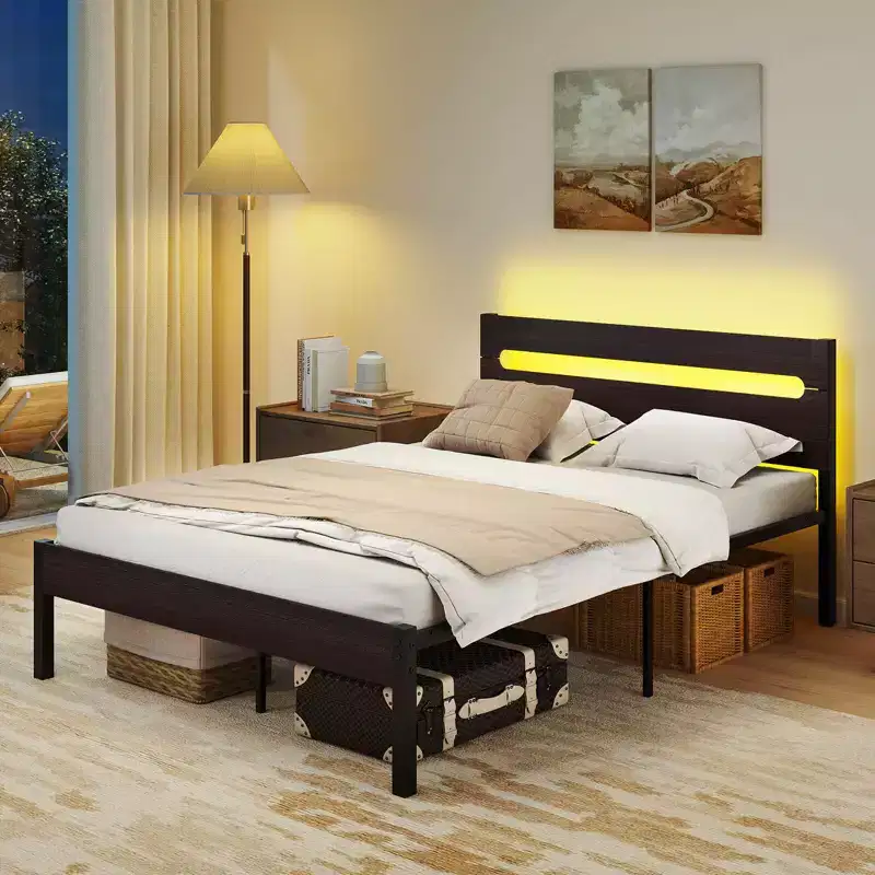 Full Size Bed Frame with Built-in Charging Station, RGB LED Lighting, Sturdy Mattress Foundation, Rustic Brown + Black / Walnut + Black