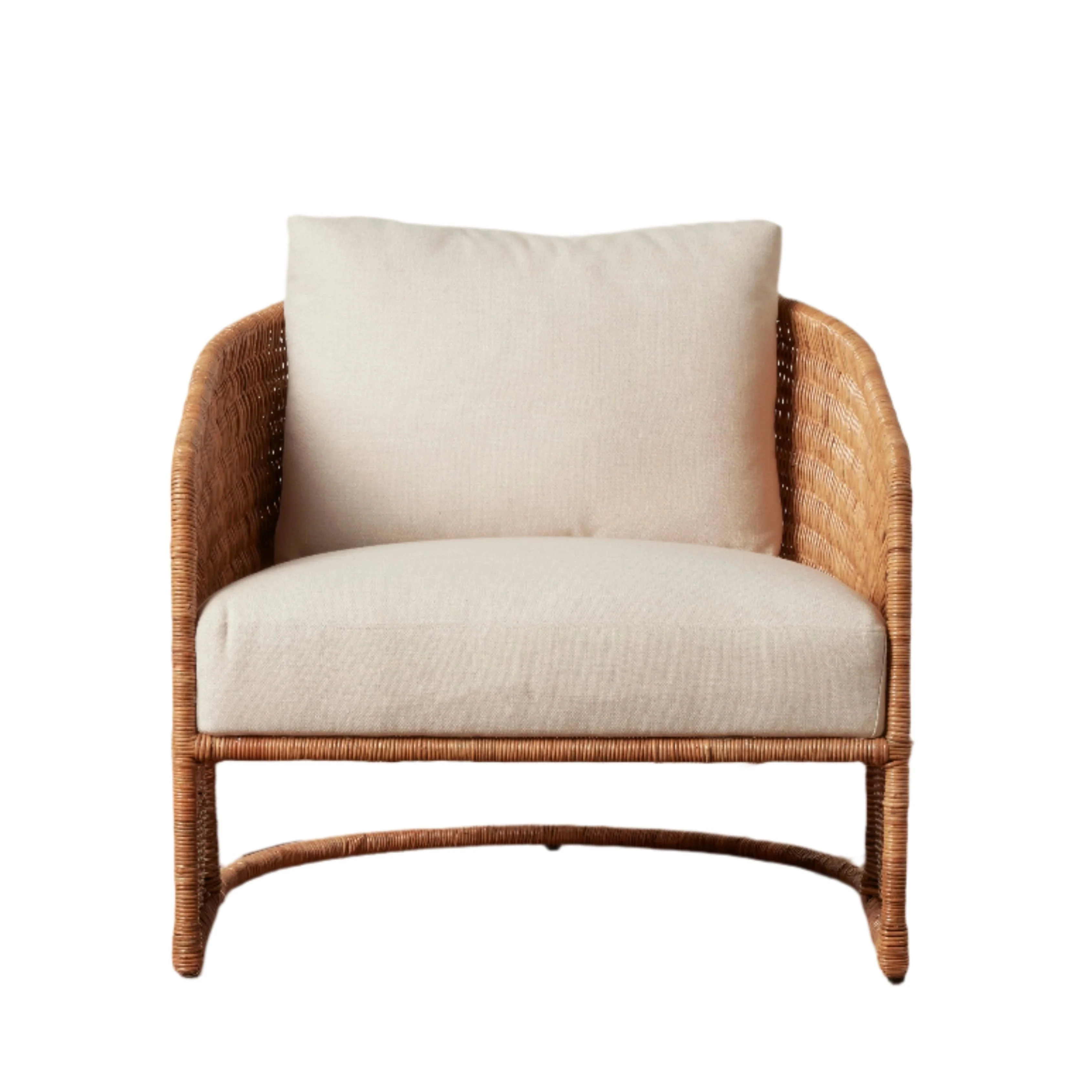 Vintage-Inspired Sustainable Rattan & Linen Lounge Chair with Curved Back for Living Room