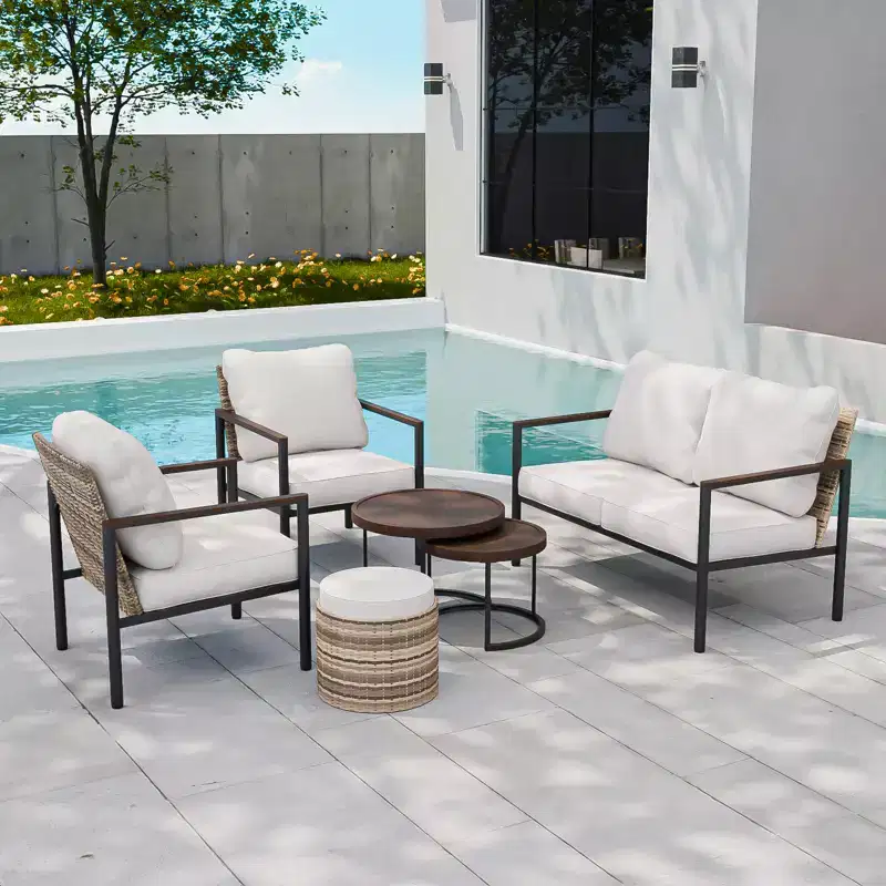 EAGLE PEAK Sunset Dune 6 Piece Collection Modern Outdoor Furniture Set, Patio Wicker Lounge Wood Grain