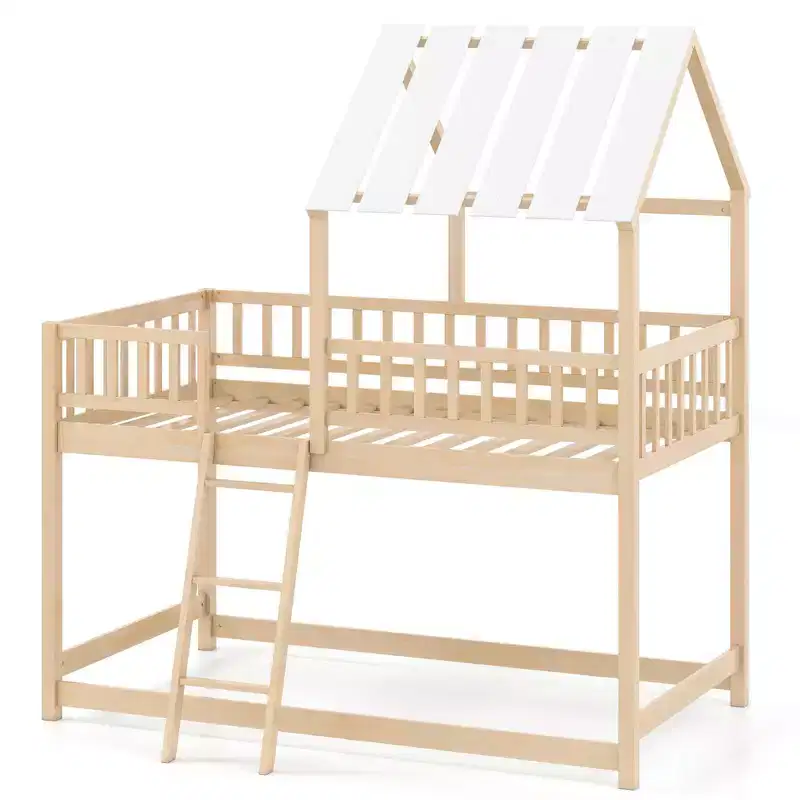 Twin Over Twin House Bunk Bed with Roof, Ladder & Full-length Guardrails for Kids Natural/White