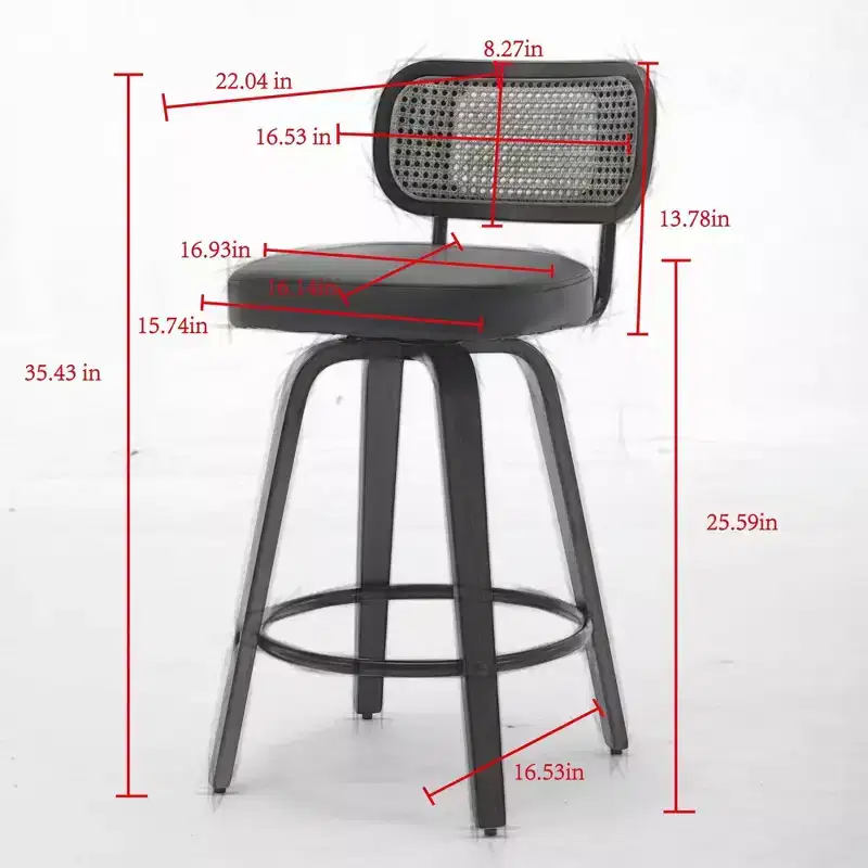 Homy Casa Set of 3 Counter Height Swivel Bar Stools, Rattan Back with Upholstered Seat, Walnut Wood Legs, 25.6 Seat Height