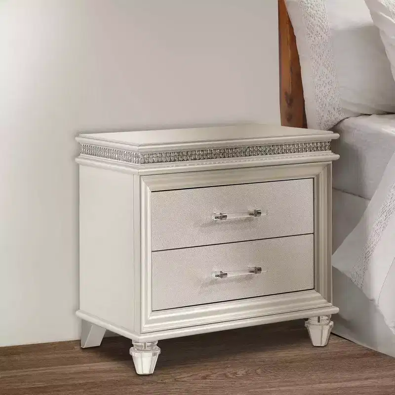 2-Drawer Nightstand with Acrylic Feet and Crystal Accents, Silver