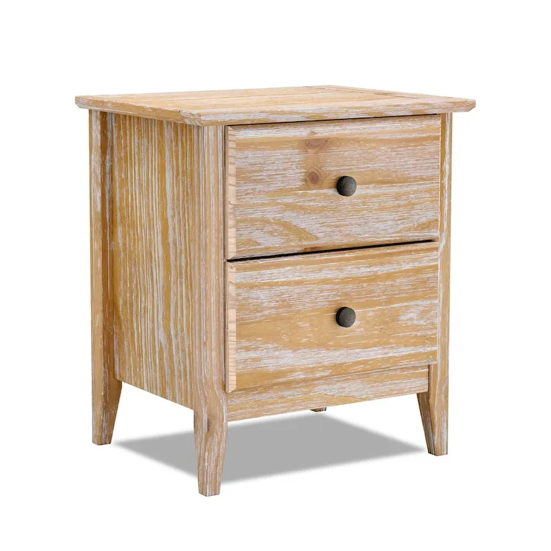 Solid Pine Wood 2-Drawer Nightstand with Metal Glides and Knobs – Brushed Grey / Brushed White / Brushed Driftwood / Brushed Walnut, 1-Unit