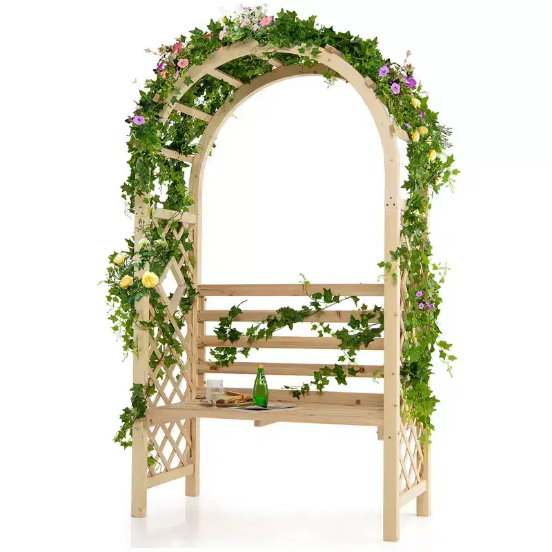 Costway Wooden Garden Bench Arch Pergola Outdoor Arbor w/backrest Patio Trellis Pergola