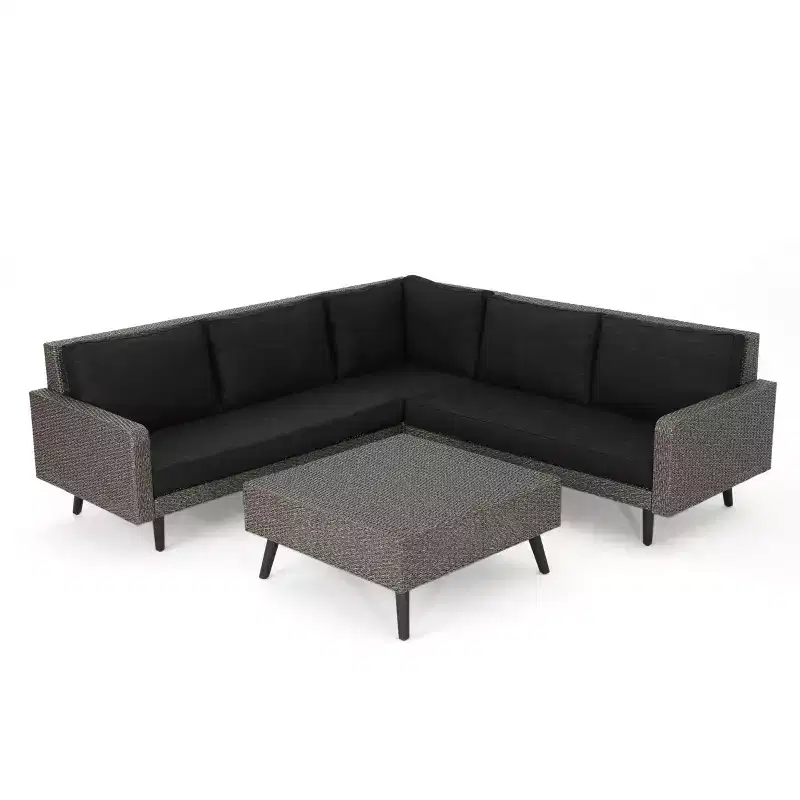 GDFStudio Hensley Outdoor Wicker 5 Seater V-Shape Sectional Sofa Chat Set with Cushions, Mixed Black/Dark Gray