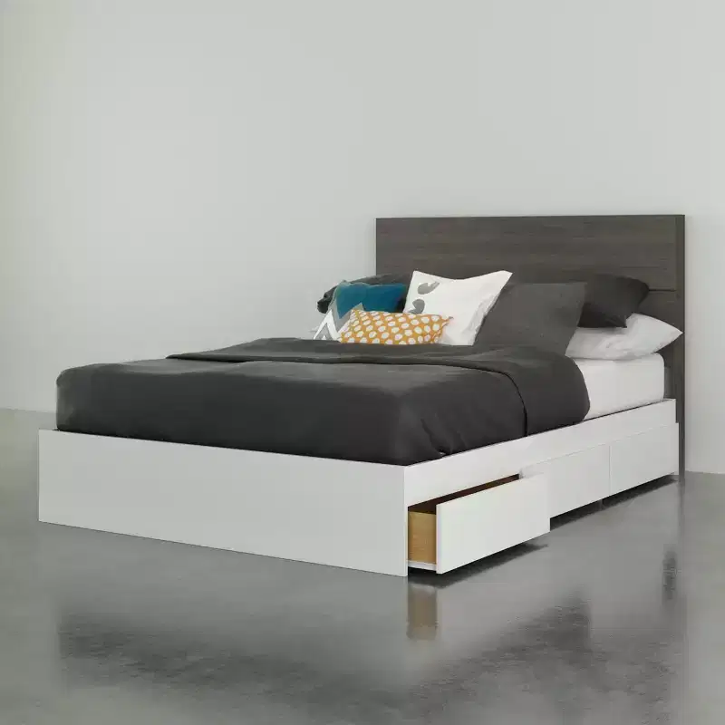 Full Milton 3 Drawer Storage Bed with Headboard Bark Gray/White - Nexera: Contemporary Design, MDF Composite Frame, No Mattress Included