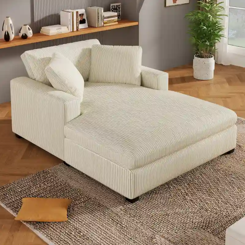 Beige 53.5 Chaise Lounge Chair with Solid Wood Legs and Comfort Pillows