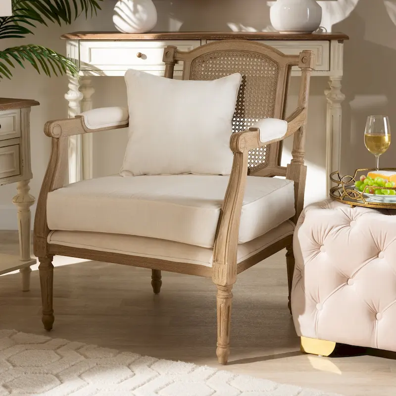 Ivory French Provincial Armchair, Single Seat, Carved Mahogany & Rattan