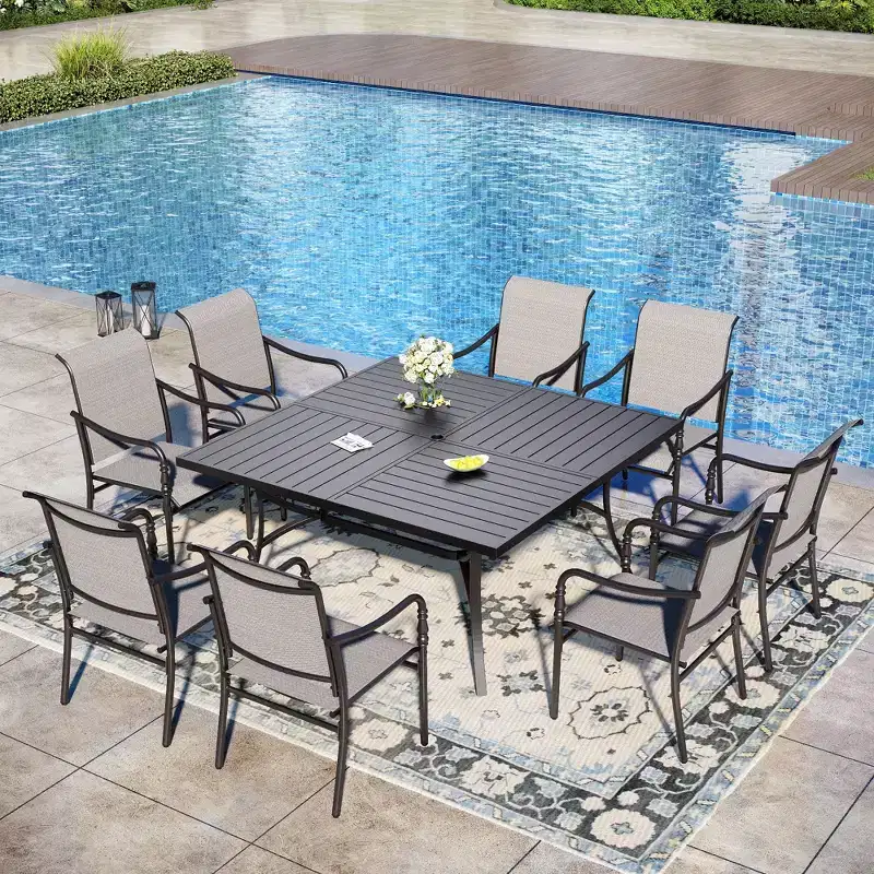Captiva Designs 9pc Patio Dining Set with Spacious Slat-top Square Metal Table & Steel Frame Chairs