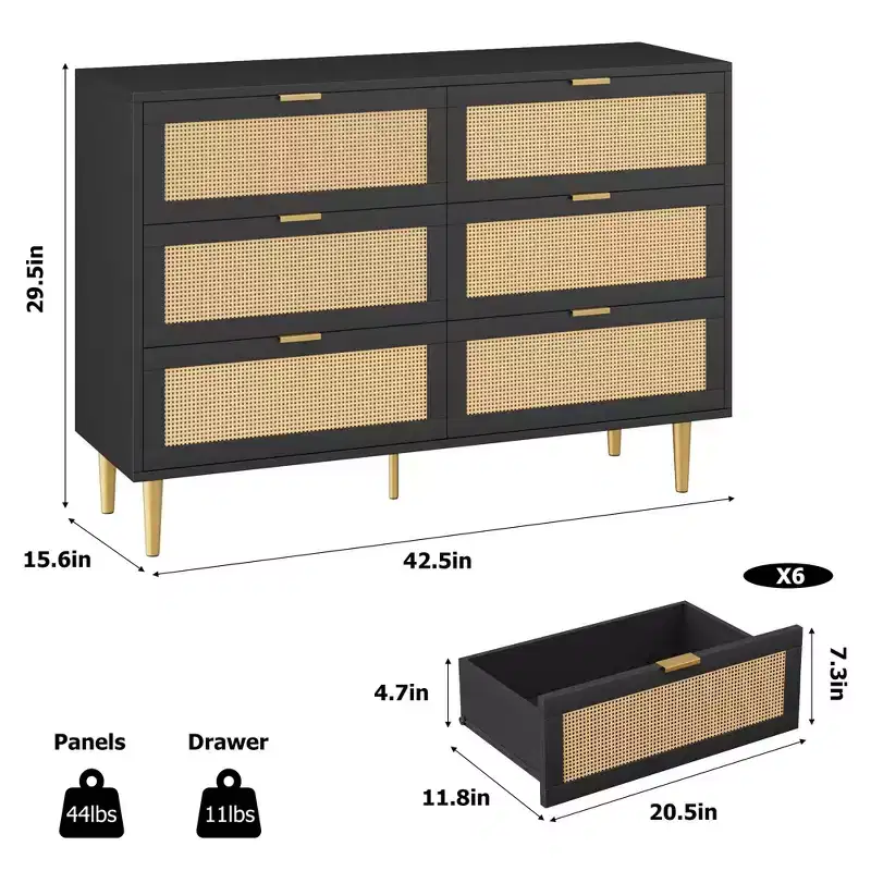1-Piece PB+MDF Woven Rattan Six-Drawer Cabinet - Rattan Cabinet, Three-Layer Melamine Surface, Six Drawers, Golden Hardware Feet