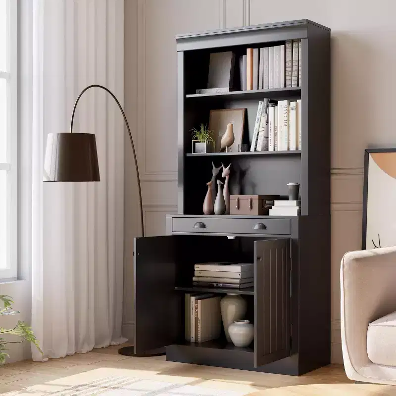 70 Tall Freestanding Bookshelf, 5 Tier Wooden Bookcase with Open Shelves & Cabinet, Modern Display Storage Cabinet, Pantry Sideboard