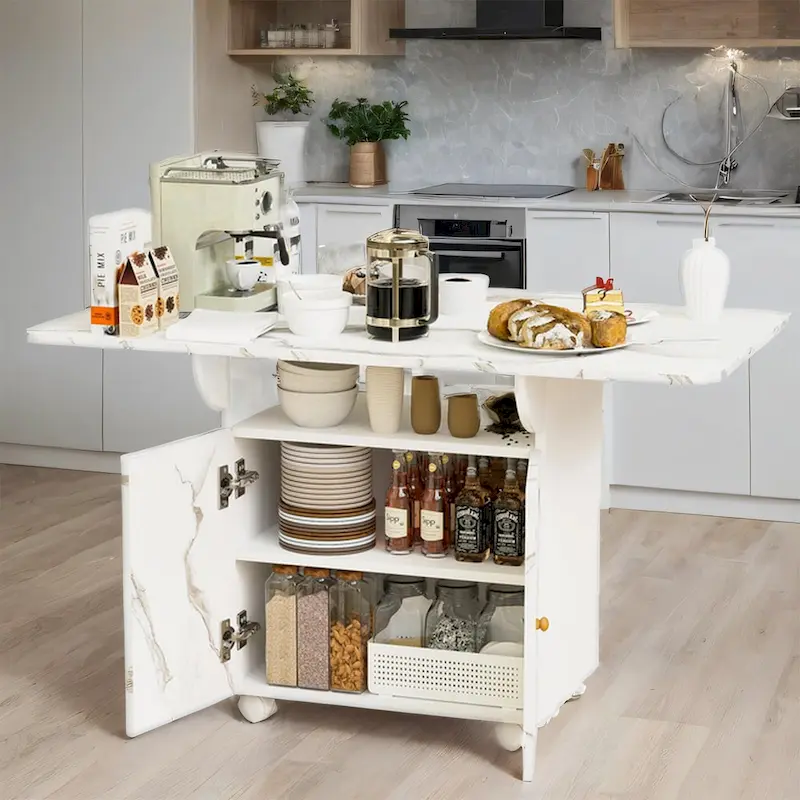 47 Wood Rolling Folding Kitchen Island with Storage Rack and Cabinet