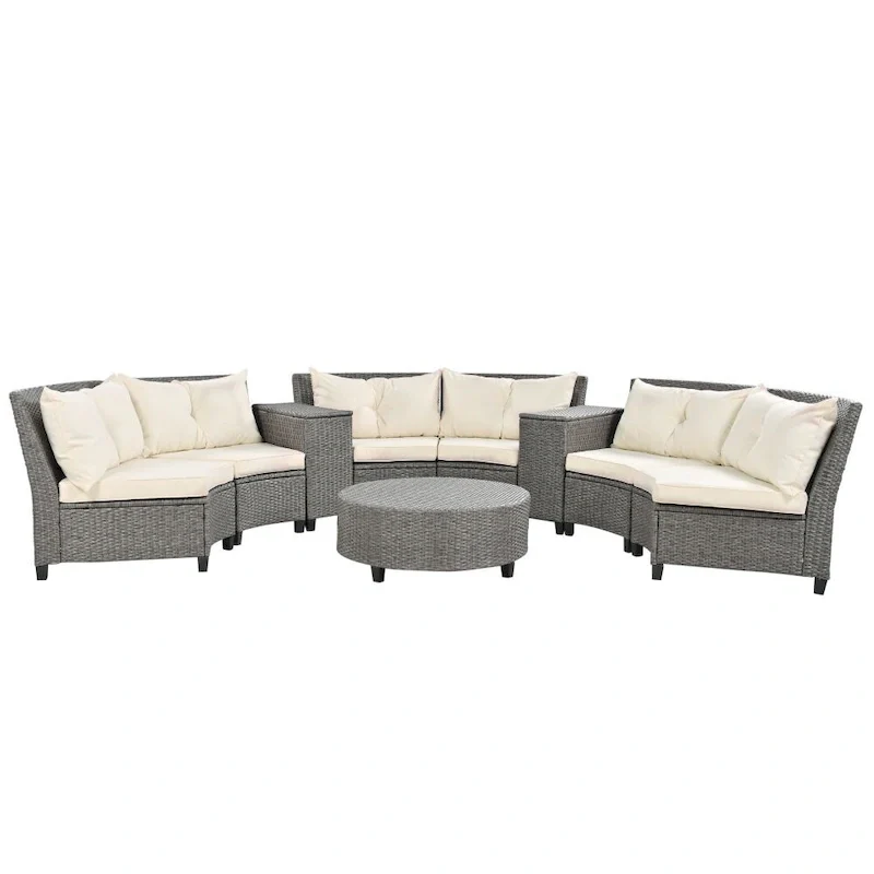 6-Person Garden Fan-shaped Rattan Suit Combination with Cushions and Table