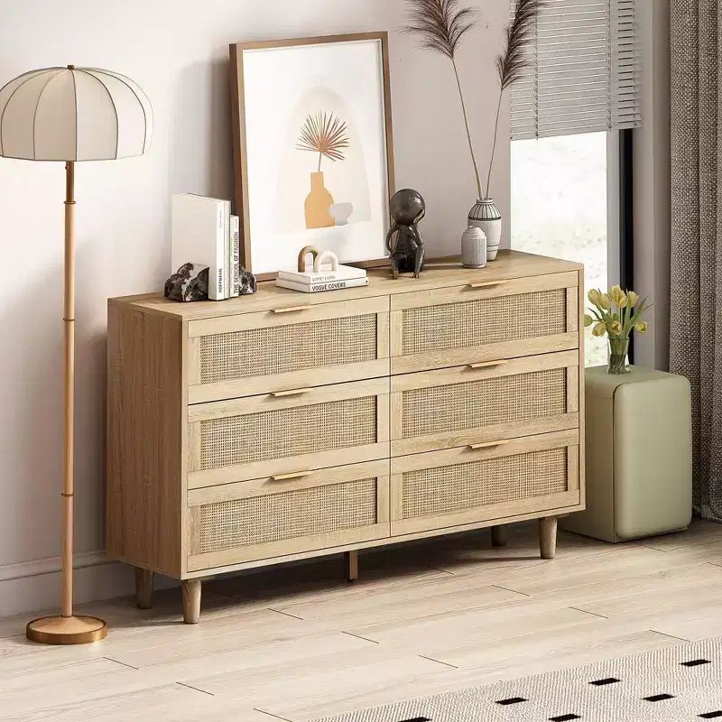Okak 6-Drawer Rattan Storage Cabinet 51.18 Modern Natural Design, 50lbs Top Load & 20lbs per Drawer, Ideal for Bedroom, Living Room