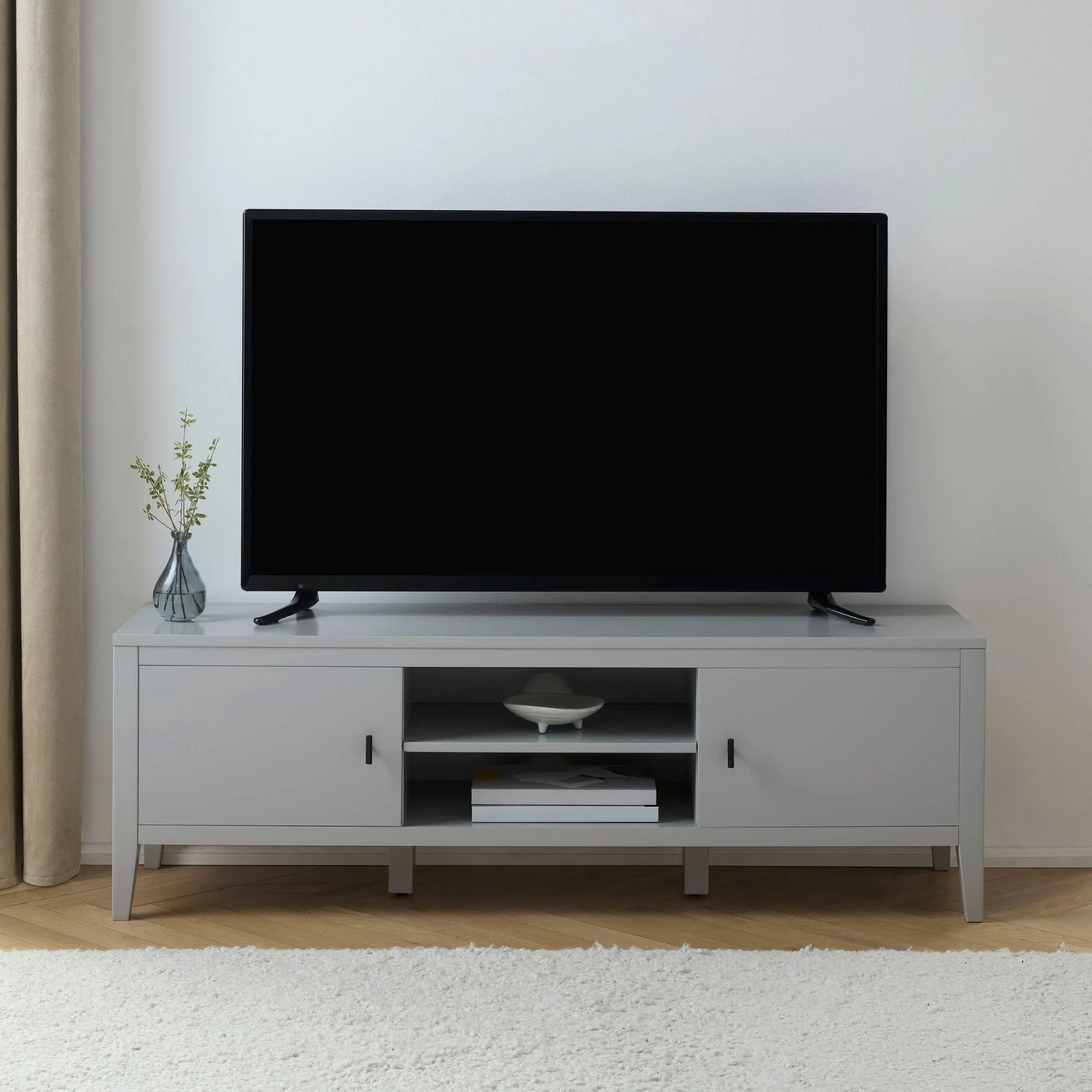 Modern Grey Painted TV Unit with Open Shelf Storage for Living Room