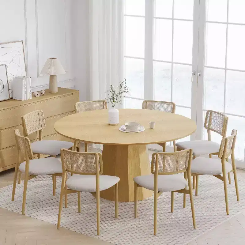 Solid Wood Round Dining Table with Tapered Pedestal Base, Seats 6–8 – 60