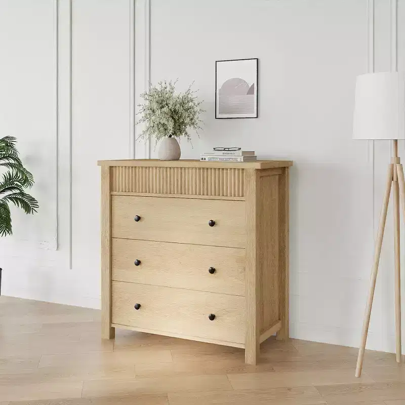 Drawer Dresser for Bedroom Nightstand, Wooden Chest of Drawers, Fluted End Table, Storage Organizer