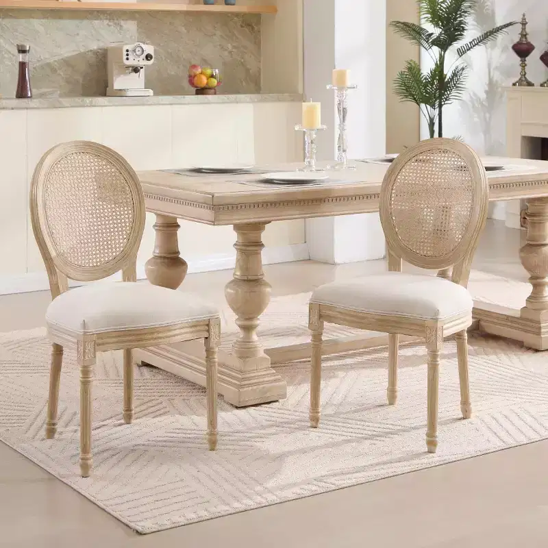Set of 2 French Rustic Upholstered Dining Chairs with Rattan Back, Farmhouse Solid Wood Armless Kitchen Chairs for Dining Room-Panipeachy