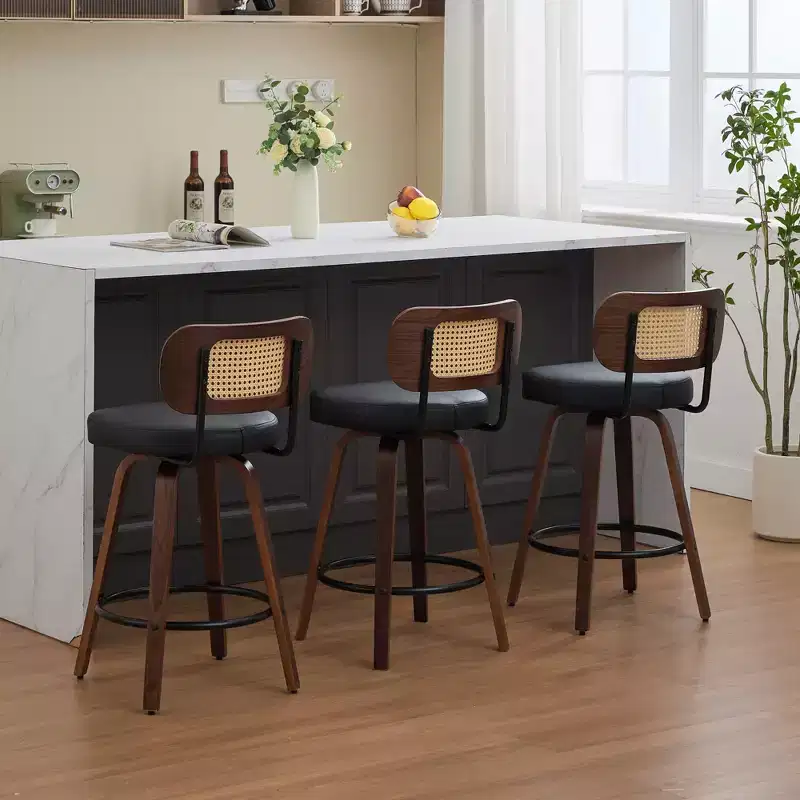 CLIHOME 3 Pieces Counter Height Bar Stools - 26 Rattan Counter Height Stools With Cane Back and Upholstered Seat