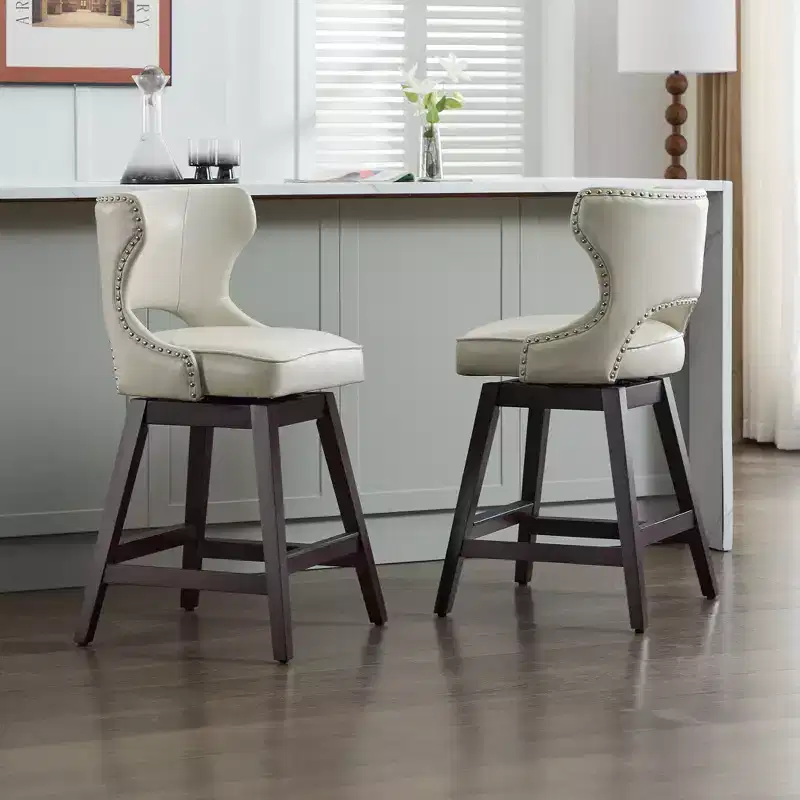 Swivel Nailhead Counter Bar Stools Set of 2 Upholstered 360° Solid Wood Legs 26