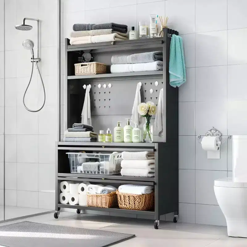 Gray Modern 5-Tier Metal Kitchen Storage Cabinet with Wheels & Flip Doors – 1 Person Assembly