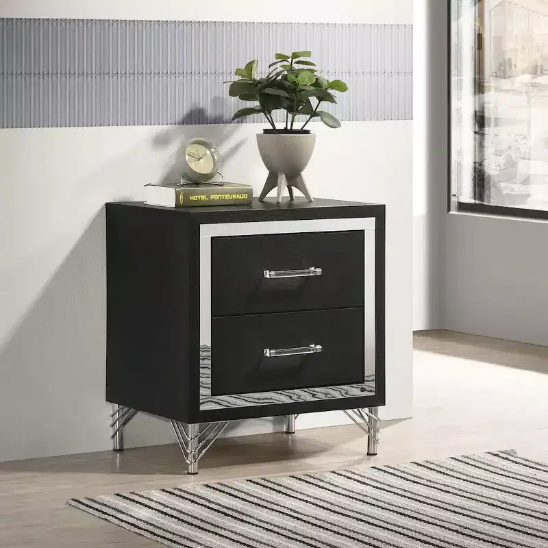 2-Drawer Nightstand, White with Gold Trim and Hairpin Legs