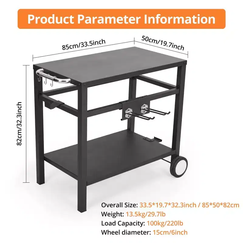 33x20 Metal Grill Cart for Outside, Outdoor Grill Table with 2-Shelf, Easy-to-Clean, Versatile BBQ Table, Black