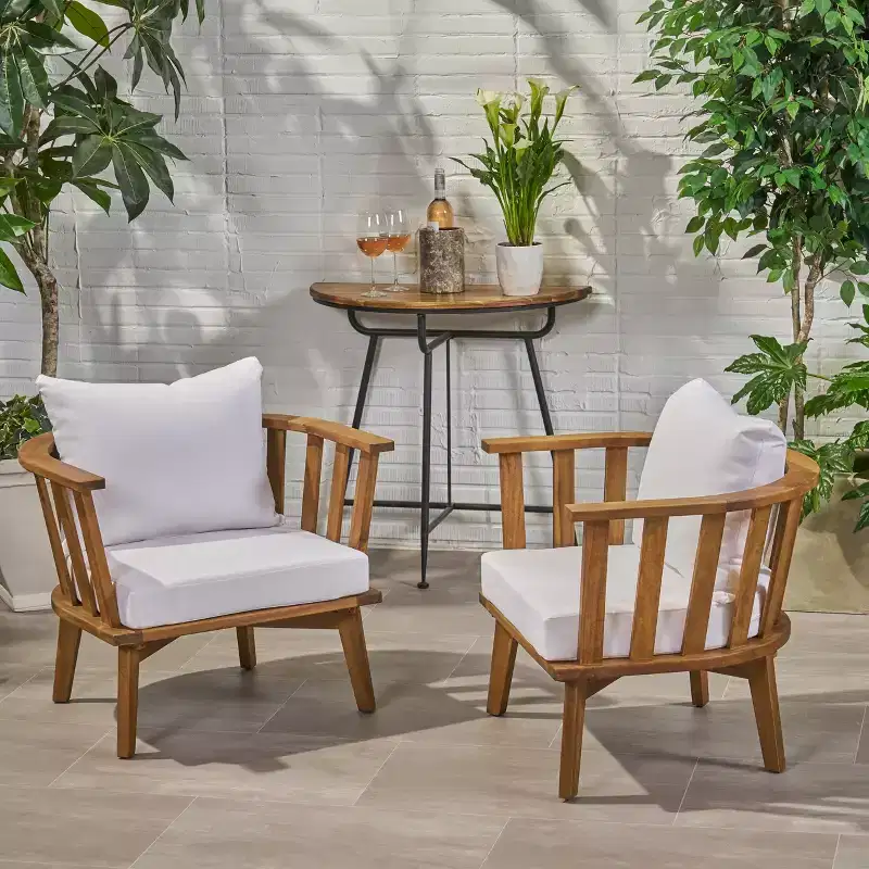 Christopher Knight Home Dean Outdoor Acacia Wood Club Chairs with Cushions (Set of 2), White and Teak